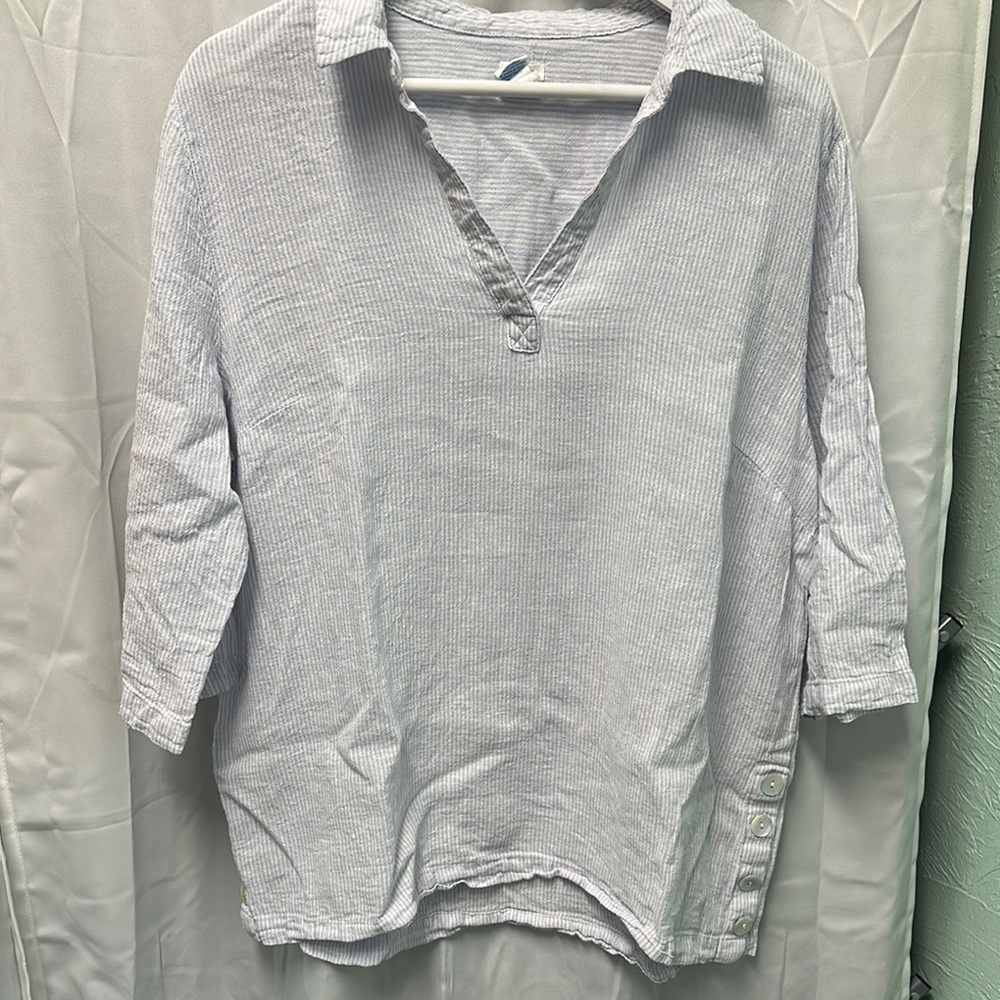 Sigrid Olsen Light Blue and White Stripe Tunic Top with Button Detail